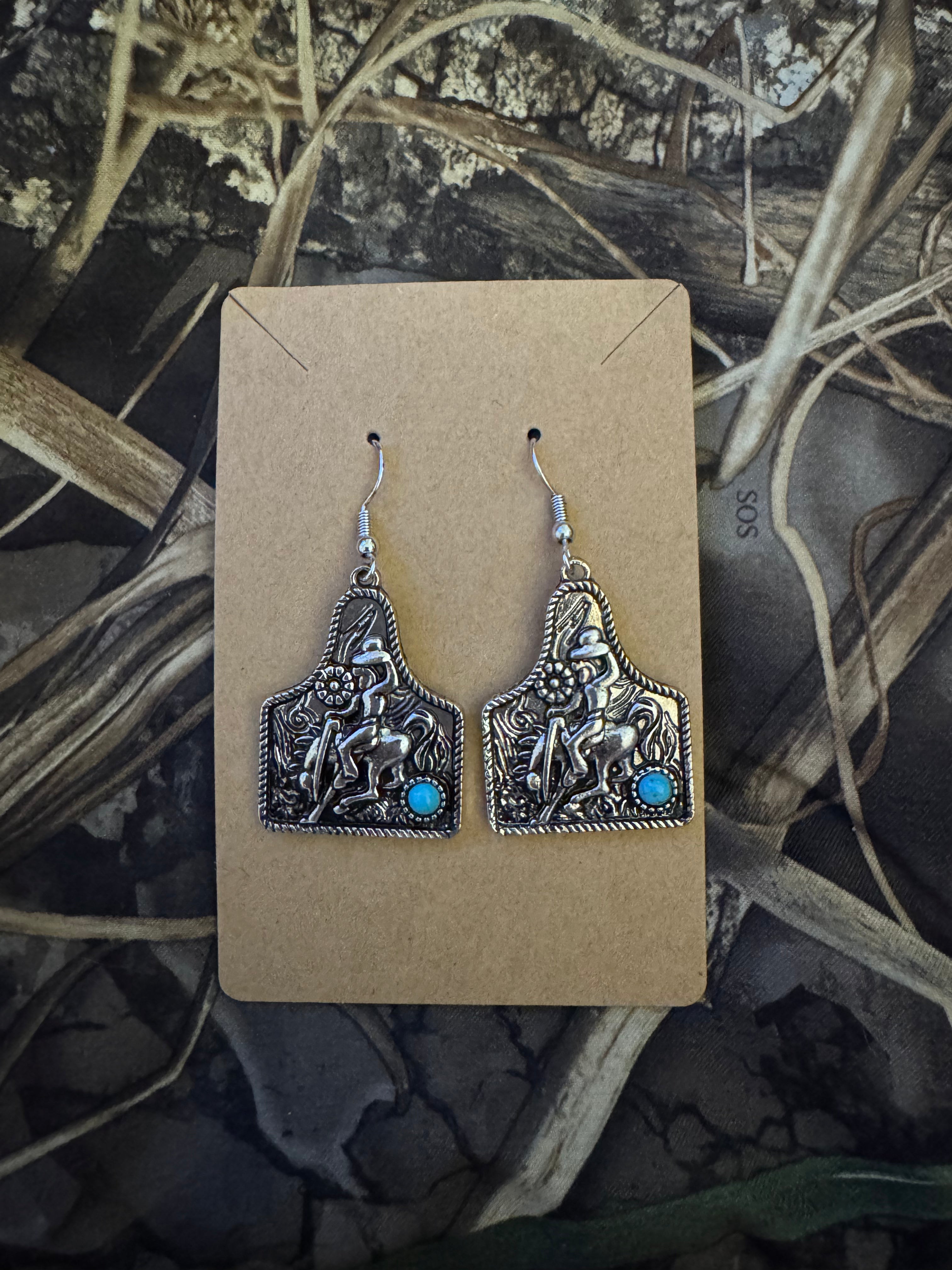 Western Ear Tag with Stone Earrings ( Rodeo Turquoise )