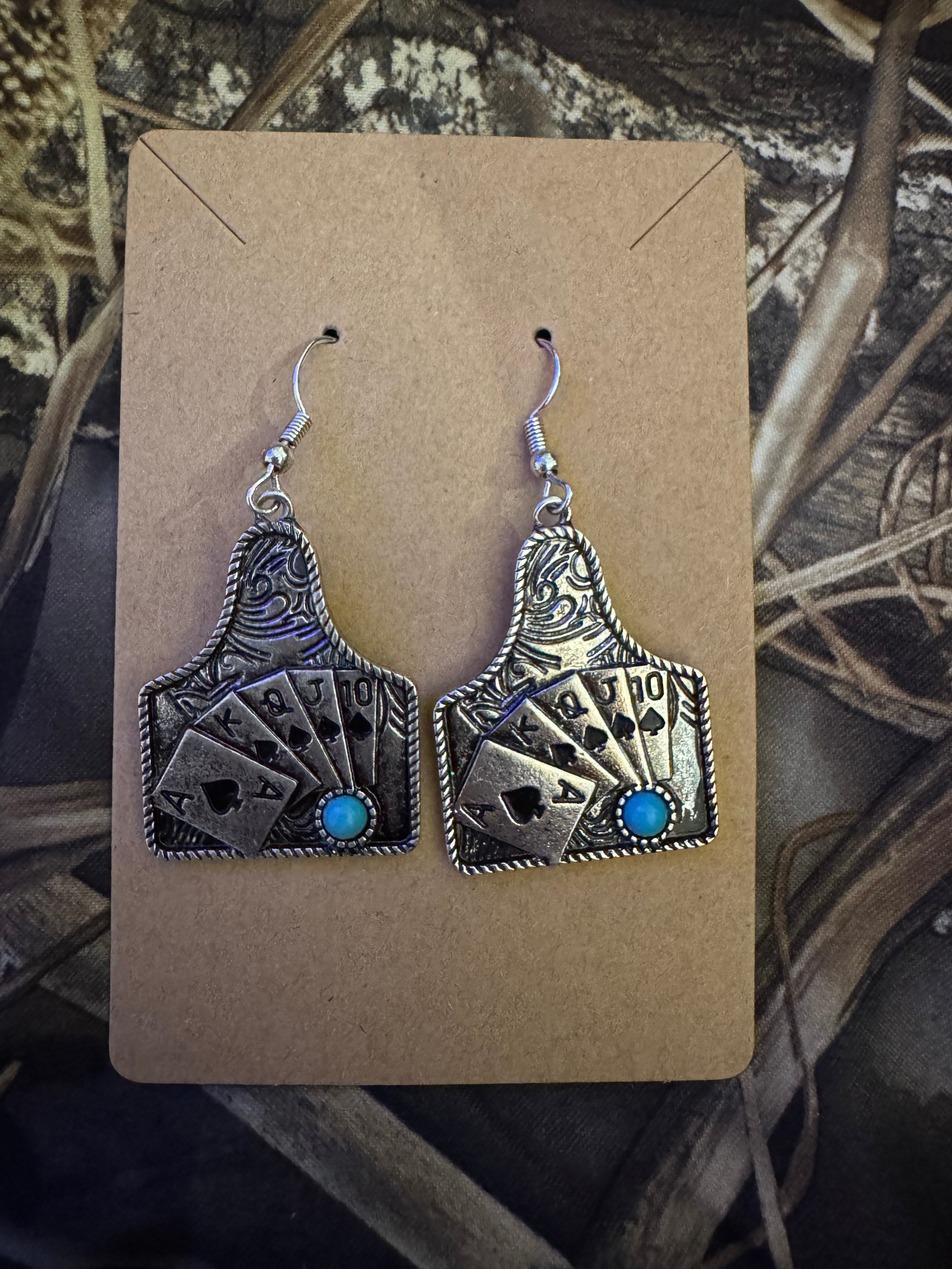 Western Playing Card with Stone Drop Dangle Earrings ( Turquoise )