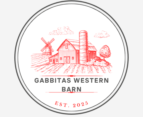 Circular logo with a red illustration of a barn, windmill, and silo, and text 'Gabbitas Western Barn EST. 2025' on a white background.