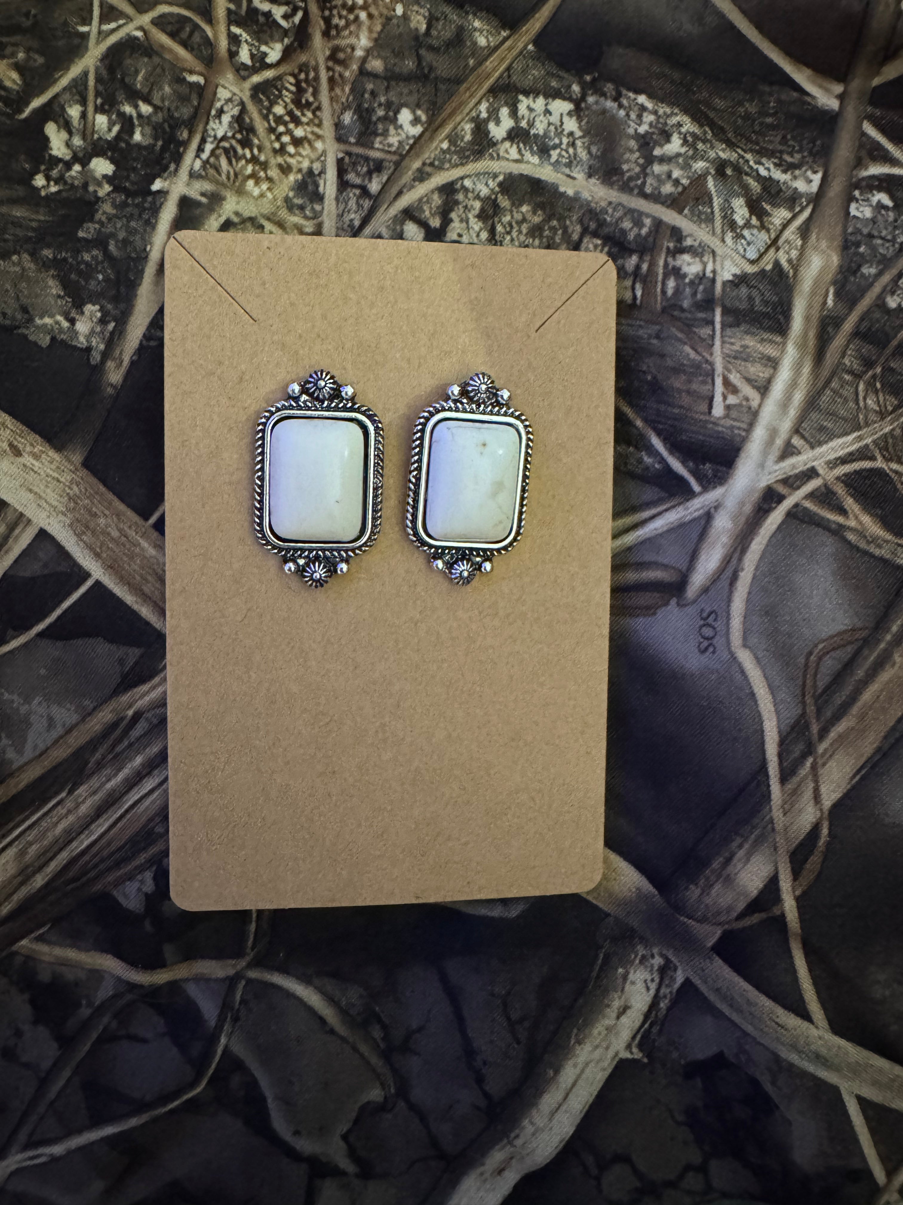 Western Rectangle Stone Studs Post Earrings ( White )